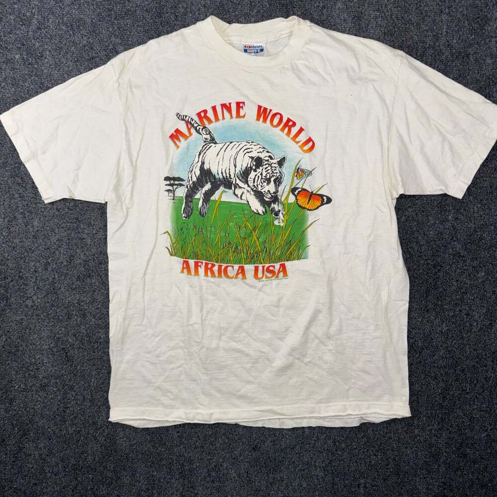 Vintage 1989 Marine World Africa USA Tiger Graphic Shirt Mens XL Hanes Beefy-T